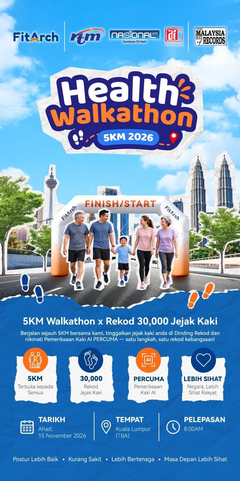 HEALTH WALKATHON 2026 — Walkathon 5KM × Percubaan Rekod 30,000 Tapak Kaki. Jalan pagi 5KM percuma di jalan raya KL bebas kenderaan — tinggalkan tapak kaki untuk percubaan Malaysia Book of Records, dapatkan saringan kaki AI percuma, kemudian nikmati pentas radio dan cabutan bertuah. Rakan Media: RTM, Nasional FM, AiFM. Malaysia Book of Records.