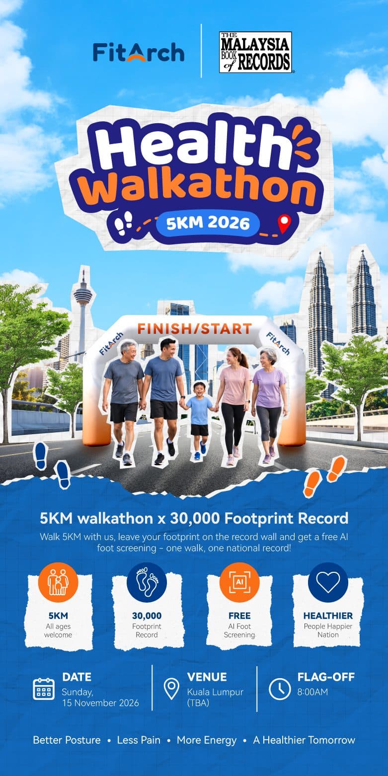 WALK WITH FITARCH 2026 — 5KM Walkathon × 30,000 Footprints Record. Walk 5KM with us, leave your footprint on the record wall and get a free AI foot screening — one walk, one national record.