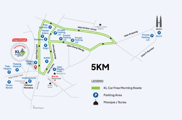 5KM 路线 — 沿 KL Car Free Morning 路线,途经 Jalan Raja Laut、Jalan Sultan Ismail、Jalan Dang Wangi 与 Jalan Tuanku Abdul Rahman。图中蓝色 P 为附近停车场。