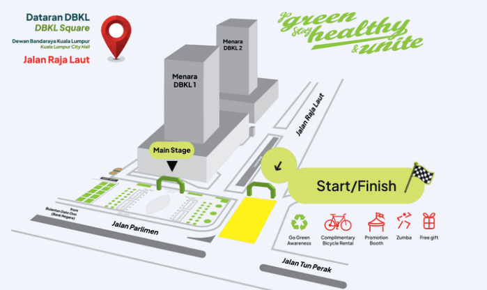 Dataran DBKL 场地图 — 起点/终点在 Jalan Raja Laut 一侧,主舞台在 Menara DBKL 1 前方。